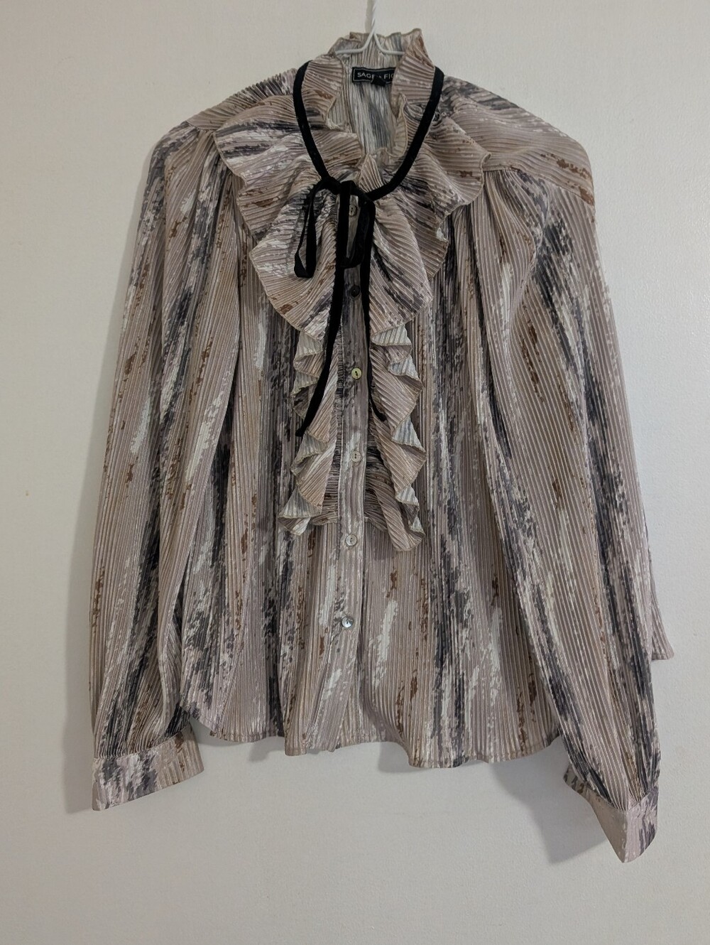 Sage + Fig Accordion Pleated Ruffle Front Blouse with Velvet Tie Neck Victorian